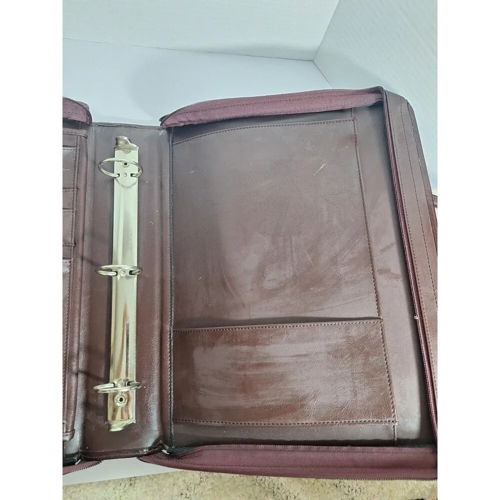 Vintage Samsonite 3 Ring Binder Notebook Genuine Leather Brown Zip Handles Zip